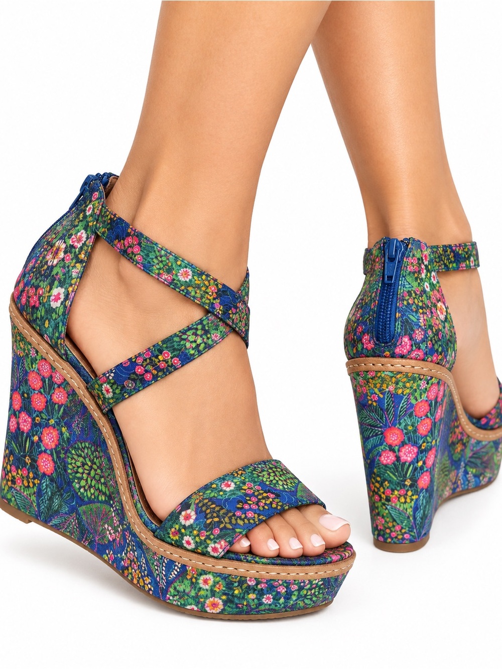 Miss Albright Blue Floral Crisscross Wedge Sandals size 9